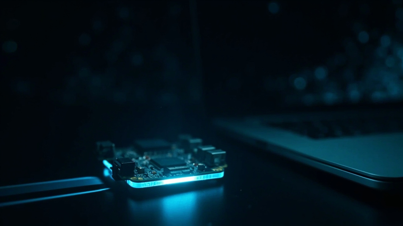 Kenya Rule hero: an MCU breakout board with a cyan LED rim glows on the same surface as a laptop edge, with a faint cyan constellation of distant mesh nodes fading into the void behind them — the same address IS the content from $4 hardware to chapter node.